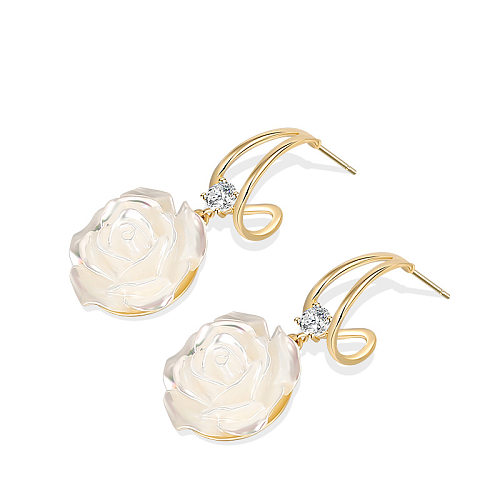 1 Pair Elegant Flower Plating Copper Resin Zircon Drop Earrings