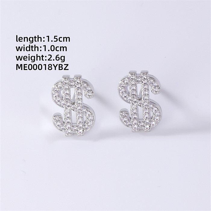 1 Pair Simple Style Four Leaf Clover Heart Shape Dollar Inlay Copper Zircon Ear Studs