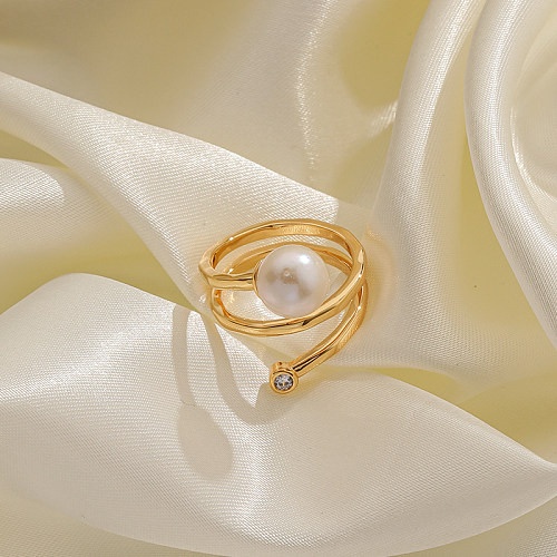 Retro Commute Solid Color Copper Plating Inlay Freshwater Pearl Zircon 18K Gold Plated Rings