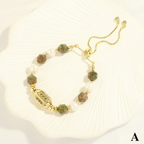 Bohemian Simple Style Multicolor Freshwater Pearl Stone Copper Beaded Plating Inlay Zircon 18K Gold Plated Bracelets