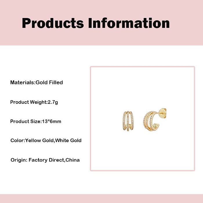 1 Pair Simple Style C Shape Copper Plating Inlay Zircon Ear Studs
