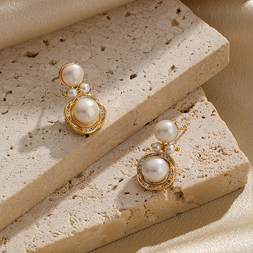 1 Paar IG Style Simple Style Blumenplattierung Inlay Kupfer Perle Zirkon 18K vergoldete Tropfenohrringe