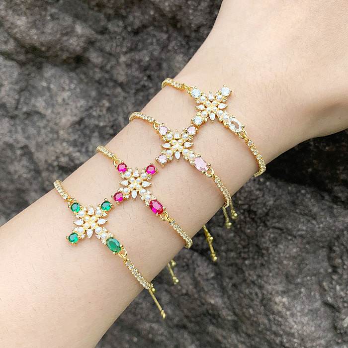 Pulseras chapadas en oro de 18 quilates con incrustaciones de cobre cruzado de estilo simple a la moda