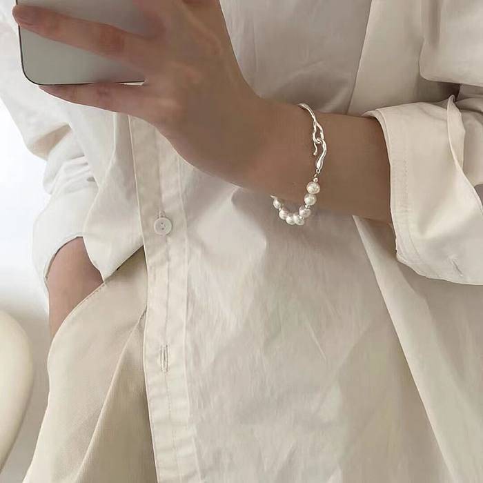 1 pièce mode bloc de couleur coquille cuivre perlé placage bracelet plissé