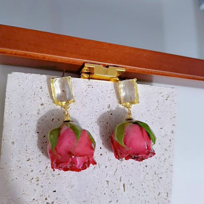 1 Pair Simple Style Flower Inlay Copper Rhinestones Drop Earrings