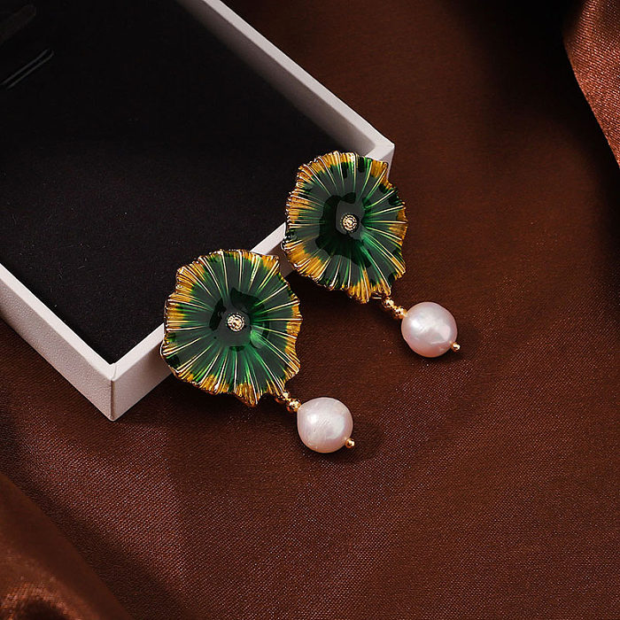 1 paire de boucles d'oreilles pendantes en cuivre plaqué or 18 carats, motif pastoral irrégulier, peint en émail