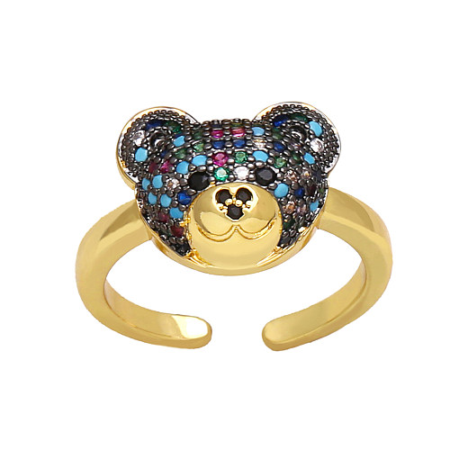 IG Style Cute Bear Copper Plating Inlay Zircon 18K Gold Plated Open Rings
