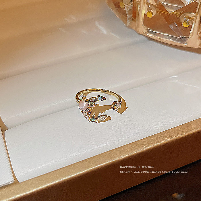 Moda coração forma de cobre incrustação de pedras preciosas artificiais anel aberto 1 peça