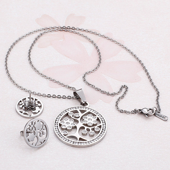 Ensemble de boucles d'oreilles et collier avec pendentif en diamant et en acier titane, arbre de vie, à la mode