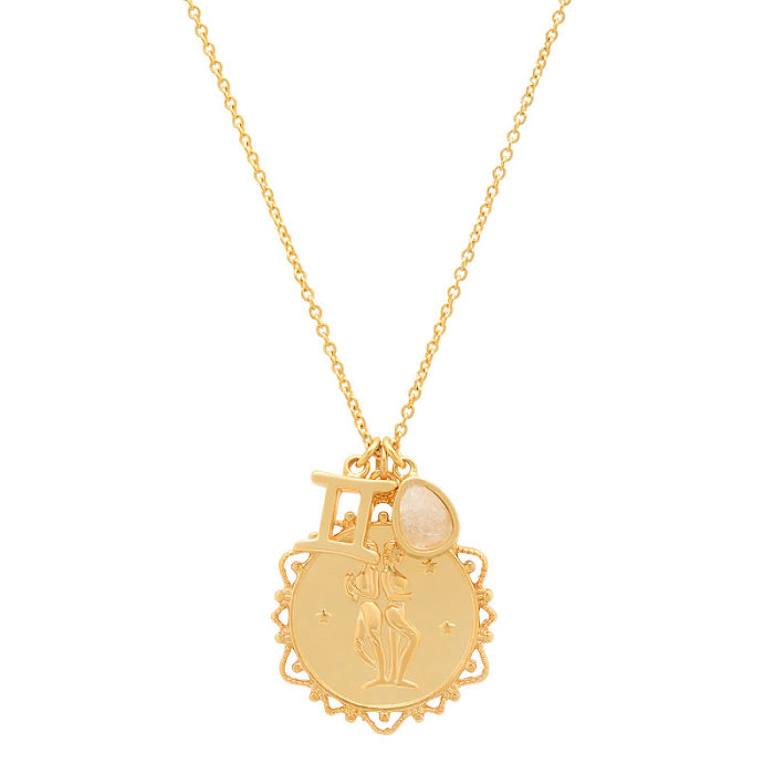 Opale douze Constellation ronde THALO Vintage pendentif collier cuivre placage 18K or véritable 12 Constellation