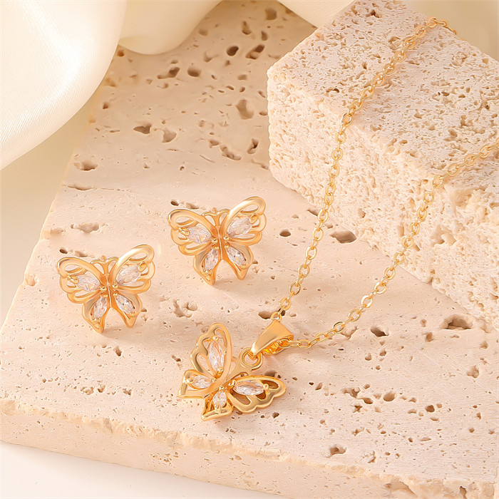 Collier de boucles d'oreilles en Zircon, Style Simple et décontracté, fleur brillante, papillon, placage de cuivre, incrustation