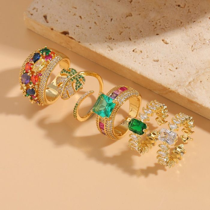 Elegant Luxurious Classic Style Colorful Copper Asymmetrical Plating Inlay Zircon 14K Gold Plated Open Rings