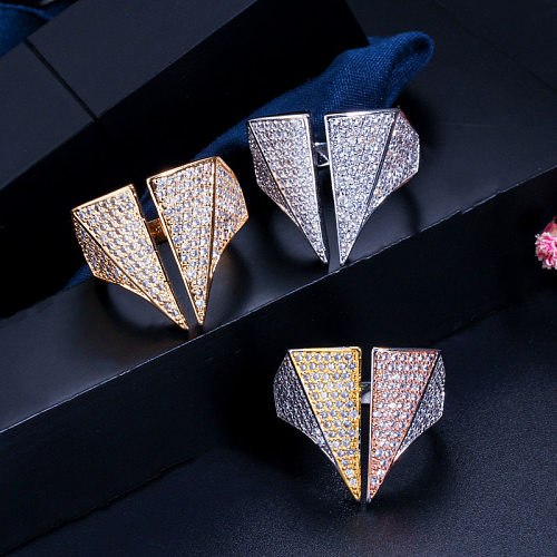 Streetwear comute geométrico cobre chapeamento inlay zircão 14k banhado a ouro anéis banhados a ródio