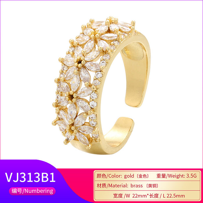 Novo estilo de anel de flor de zircão micro-incrustado com flores cheias de diamantes anel aberto de zircão