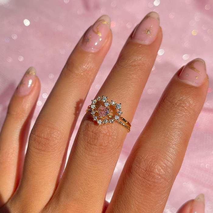 Anillos de latón con forma de corazón a la moda, anillos de cobre con diamantes de imitación artificiales
