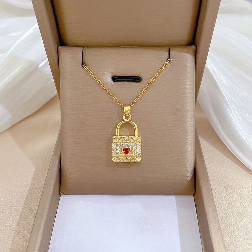 Estilo clássico streetwear forma de coração bloqueio titânio aço cobre incrustação pedras preciosas artificiais banhado a ouro pingente colar