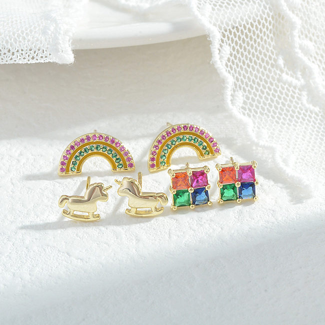 Sweet Rainbow Unicorn Copper Ear Studs Inlay Zircon Copper Earrings 3 Pairs