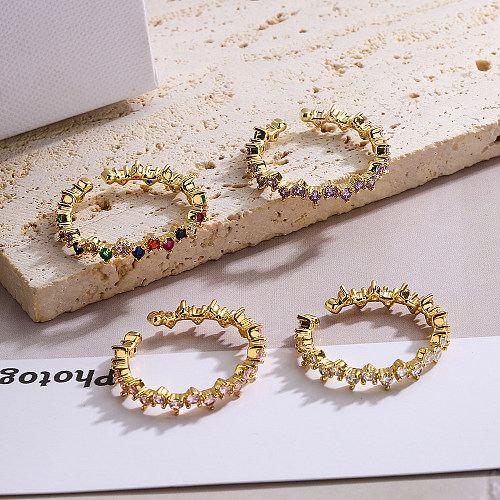 Estilo simples básico streetwear geométrico cobre chapeamento incrustado zircão 18K anéis abertos banhados a ouro