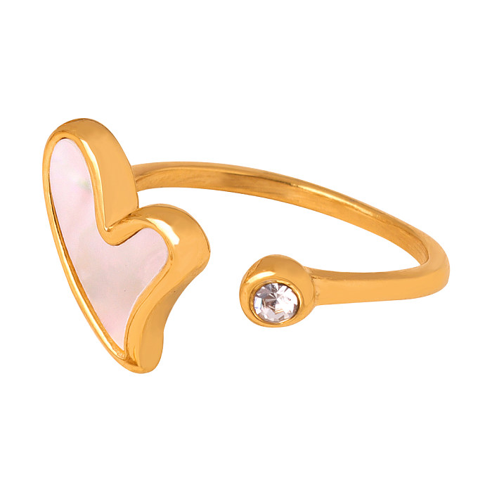 Vacation Sweet Leaf Heart Shape Titanium Steel Plating Inlay Shell Zircon 18K Gold Plated Rings