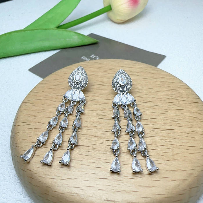 1 Pair IG Style Shiny Water Droplets Tassel Inlay Copper Zircon Drop Earrings
