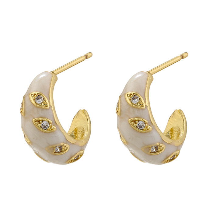 1 Pair Elegant Luxurious Shiny C Shape Star Eye Enamel Plating Inlay Copper Zircon 18K Gold Plated Ear Studs