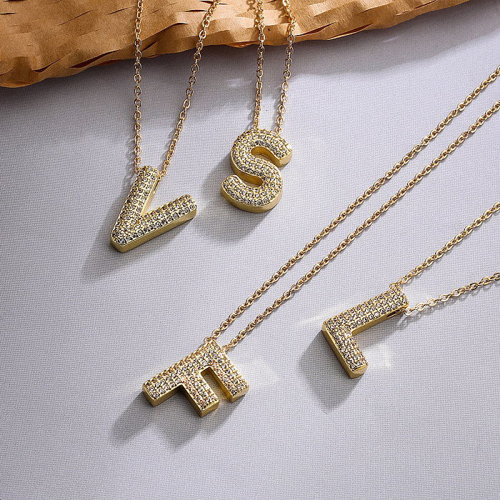 Simple Style Commute Letter Copper Plating Inlay Zircon 18K Gold Plated Pendant Necklace