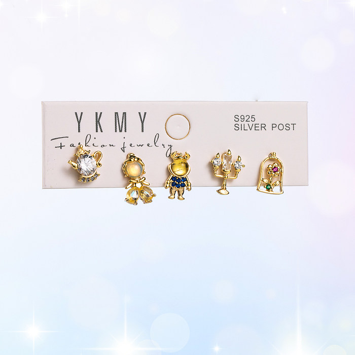 1 Set IG Style Yakemiyou Sweet Cartoon Castle Mermaid Asymmetrical Copper Zircon 14K Gold Plated Ear Studs
