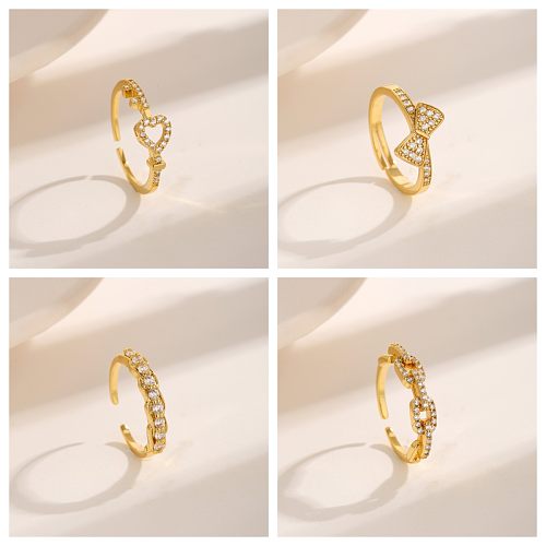 Sweet Commute Korean Style Heart Shape Bow Knot Copper Plating Inlay Zircon 18K Gold Plated Open Rings