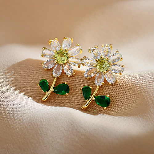 1 paire de clous d'oreilles en cuivre et Zircon, Style Simple, incrustation de fleurs