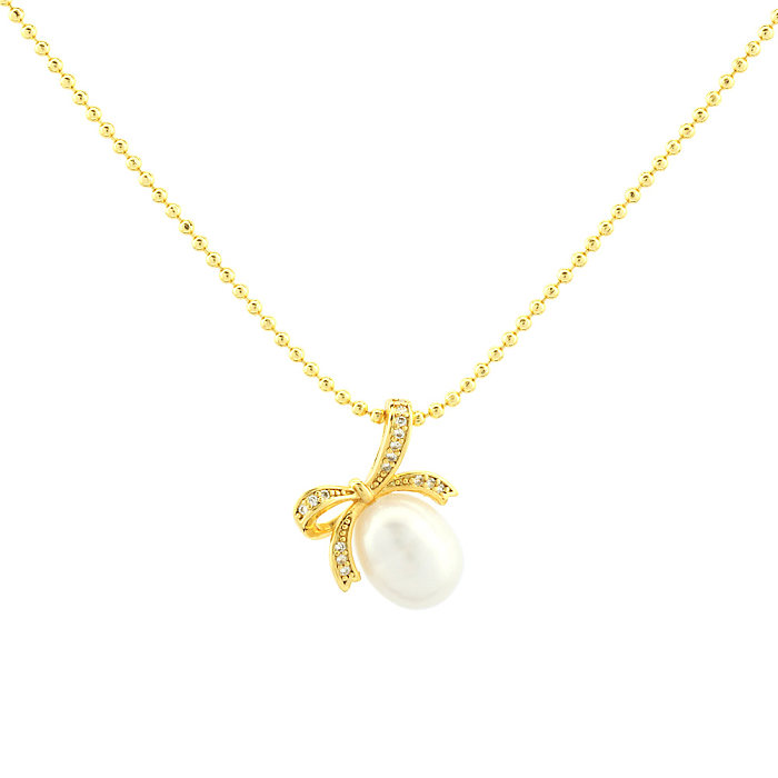 Elegant Simple Style Bow Knot Freshwater Pearl Copper Plating Inlay Zircon 18K Gold Plated Pendant Necklace