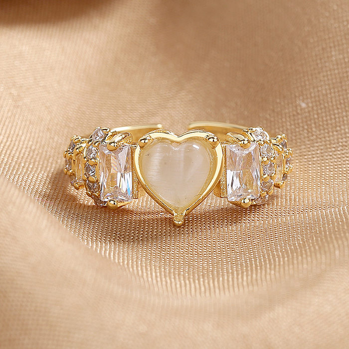 1 peça em forma de coração doce incrustação de cobre com pedras preciosas artificiais anel aberto de zircônia