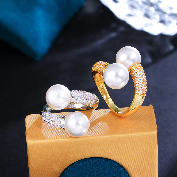 Sweet Geometric Copper Plating Inlay Artificial Pearls 14K Gold Plated White Gold Plated Rhodium Plated Open Rings