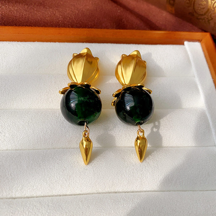 1 Pair Retro Square Heart Shape Flower Inlay Copper Artificial Pearls Resin Earrings