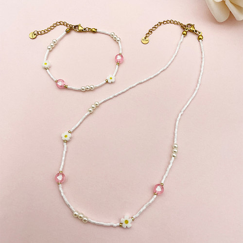 Princess Cute Simple Style Heart Shape Flower Stainless Steel Beaded Plating Gold Plated Bracelets Necklace