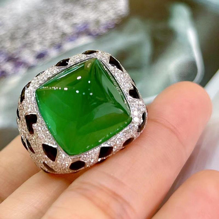 Retro Square Copper Inlay Artificial Gemstones Open Ring 1 Piece