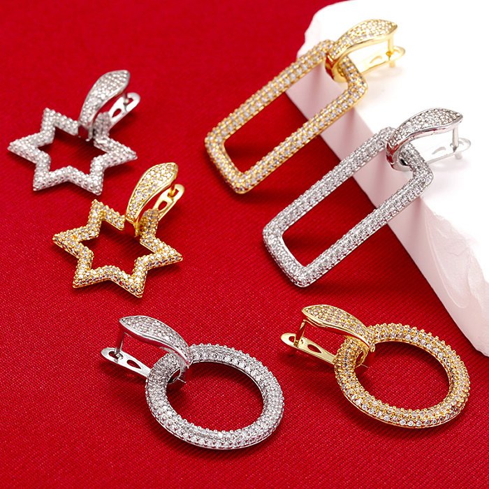 1 Paar elegante, luxuriöse, glänzende Pentagramm-Ohrringe mit rundem, rechteckigem Messing-Inlay und Zirkon