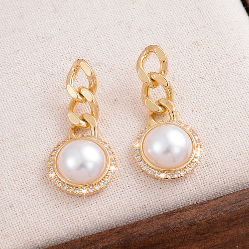 1 Pair IG Style Elegant Round Chain Inlay Copper Pearl Zircon 14K Gold Plated Drop Earrings