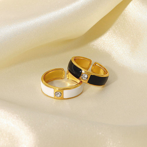 Moda simples ouro 18K em aço inoxidável com zircão preto/branco anel aberto