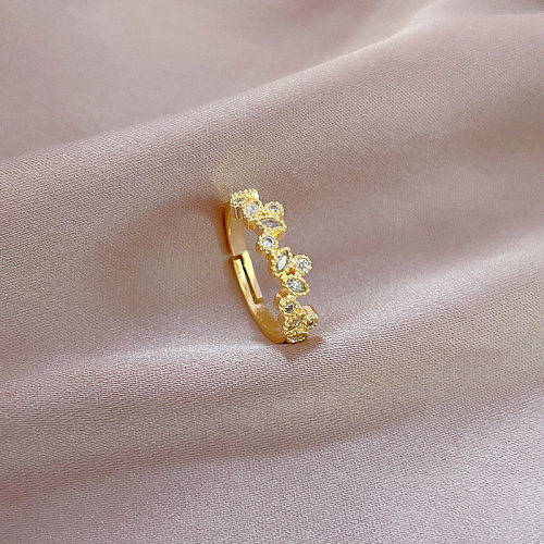 Simple Style Classic Style Leaf Brass Plating Inlay Zircon Open Ring