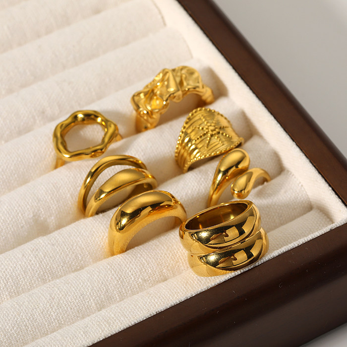 Círculo retrô de aço inoxidável, revestimento de polimento, strass, anéis banhados a ouro 18K