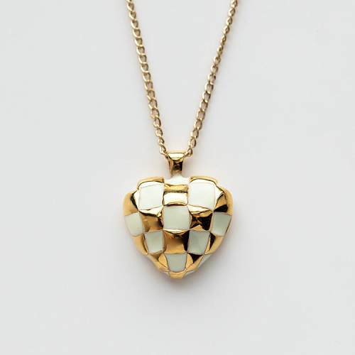 Collier pendentif rétro à carreaux en forme de cœur, 1 pièce, plaqué cuivre, à carreaux