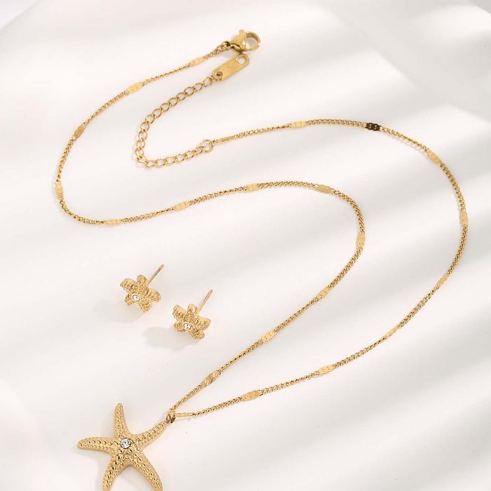 Lady Beach Starfish Titanium Steel Plating Inlay Zircon Gold Plated Earrings Necklace