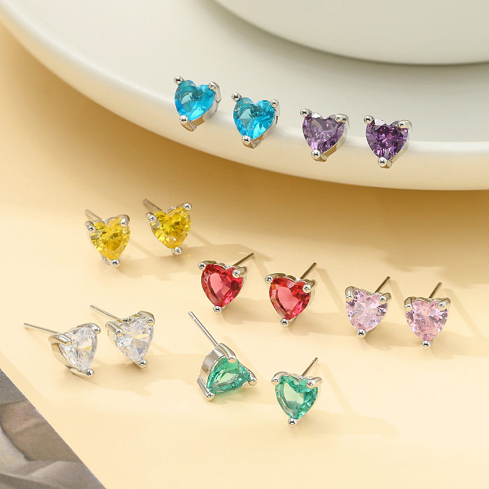 1 Pair Simple Style Heart Shape Copper Inlay Zircon Ear Studs