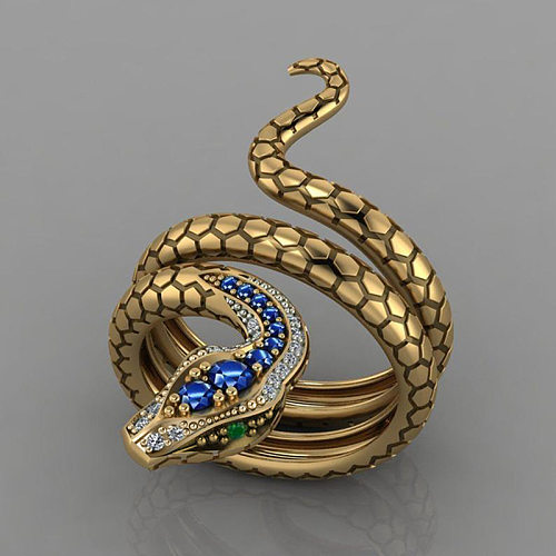 Joia de anel de cobre unissex com safira azul incrustada em forma de cobra criativa