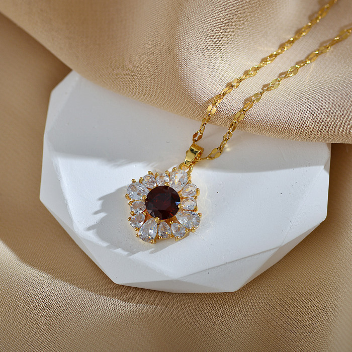 Simple Style Shiny Round Rhombus Titanium Steel Copper Inlay Zircon Pendant Necklace