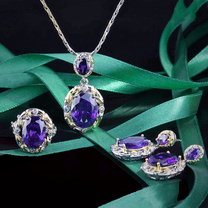 Glam Oval Cobre Incrustaciones Diamantes De Imitación Anillos De Mujer Pendientes Collar