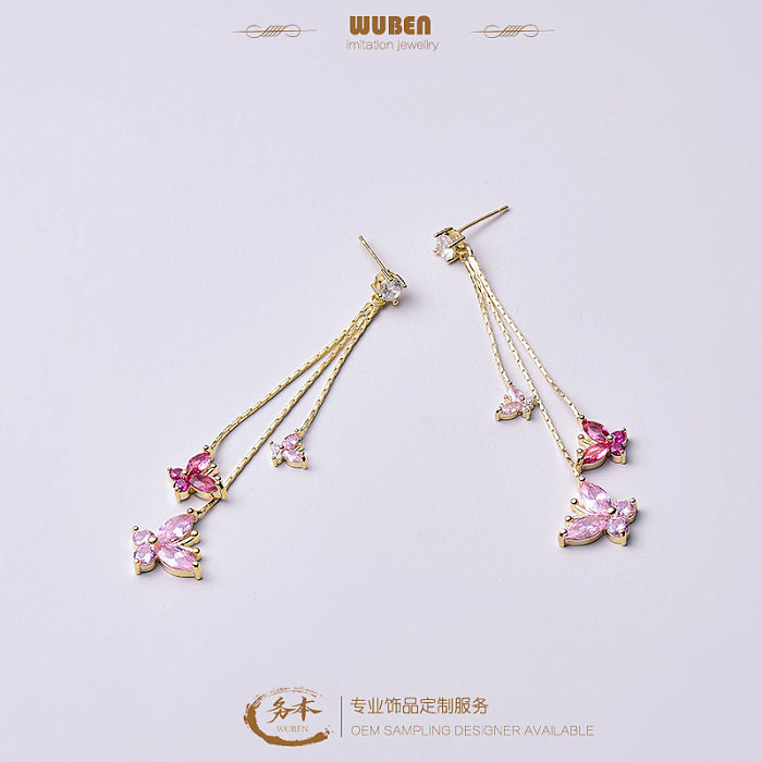 Creative Long Purple Butterfly Zircon Copper Stud Earrings