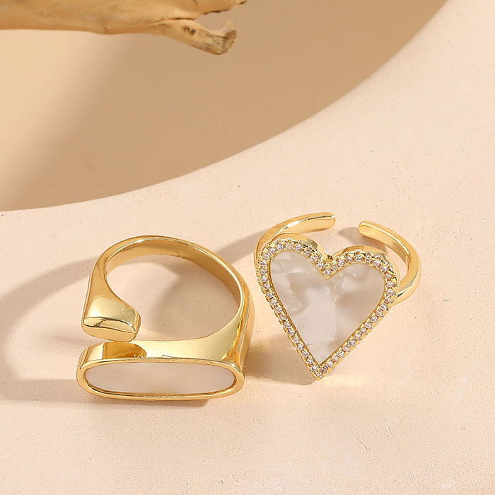 Elegant Luxurious Classic Style Heart Shape Copper Plating Inlay Shell Zircon 14K Gold Plated Open Ring
