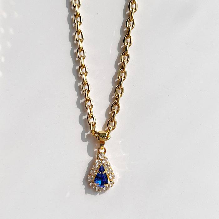 Retro Water Droplets Brass Plating Inlay Artificial Gemstones 18K Gold Plated Necklace