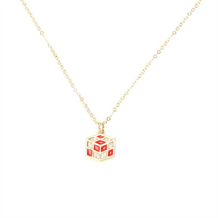 Estilo simples Cubo Rubik Cobre Esmaltado Inlay Zircon 18K Banhado A Ouro Anéis Brincos Colar